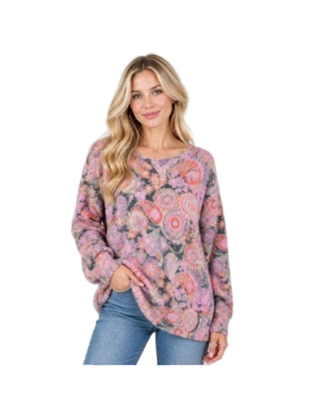 Natural Life Paisley Floral Cashmere-Like Oversized Pullover Sweater Boho Pink L